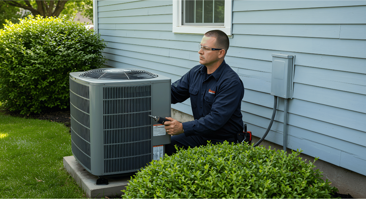 An HVAC technician repairing an AC unit